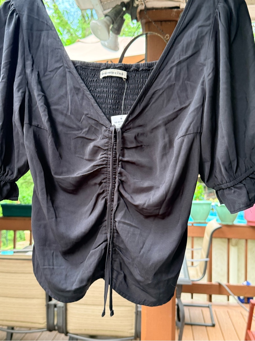 Abercrombie & Fitch Black Drawstring Ruched Puff Sleeve Top